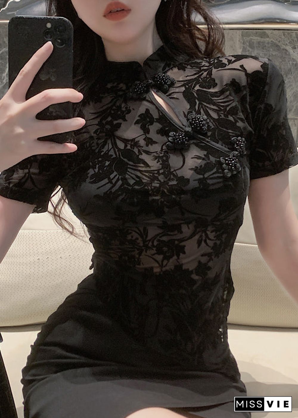 Sexy Black Stand Collar Embroideried Tulle Shirts Short Sleeve