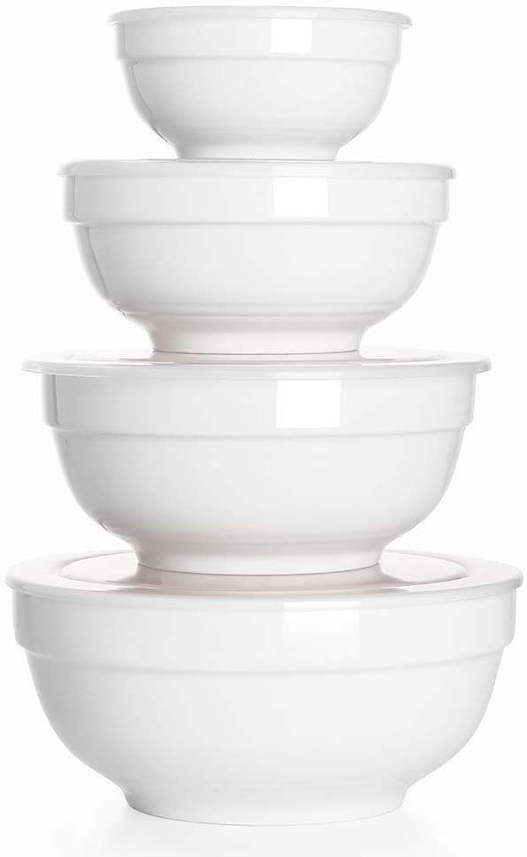 DOWAN White Ceramic Bowls with Lids， Serving Bowls with Lids， Food Storage Container， 64/42/22/12 oz， Set of 4