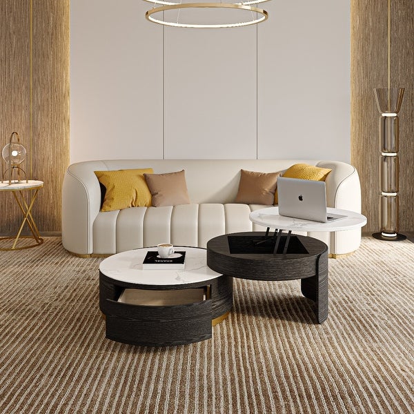 Modern Nesting Lift-Top Round Coffee Tables Set， Marble Finished