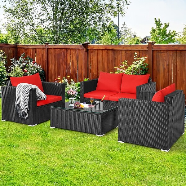 Costway 4PCS Patio Rattan Furniture Set Cushioned Sofa Chair Coffee