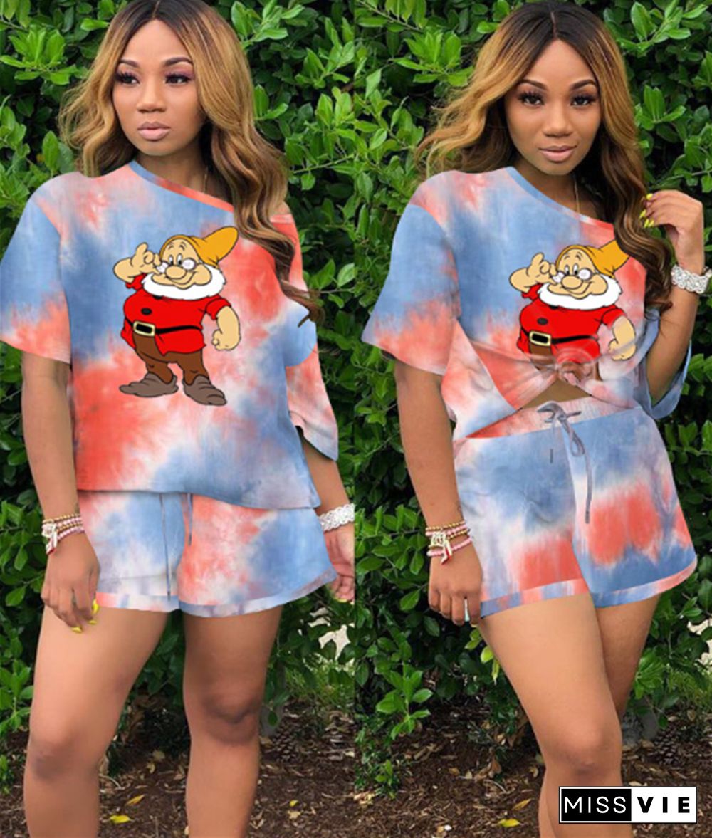 Tie Dye Cartoon Print Casual Two Piece Shorts Set