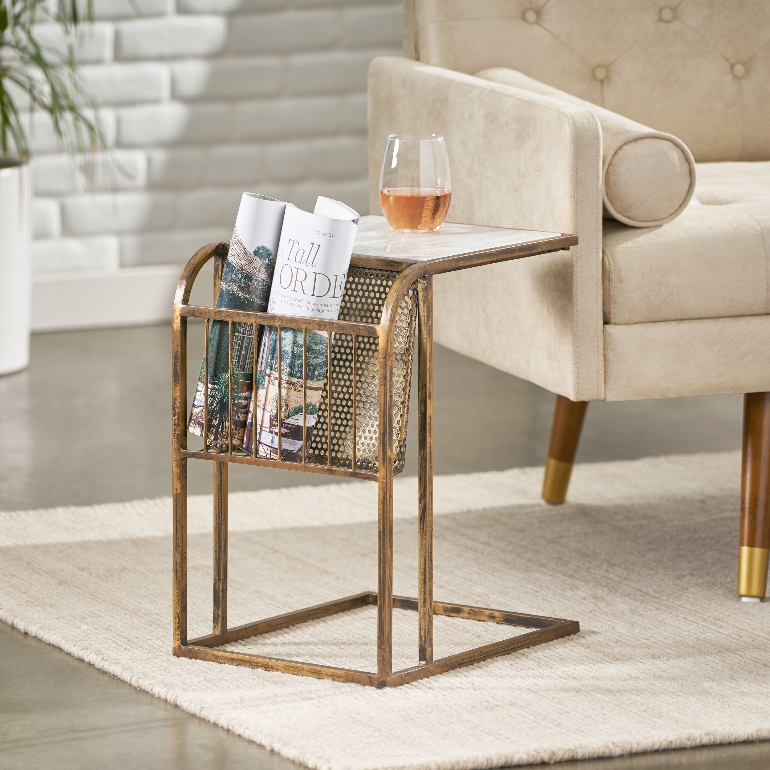 Zeyer Boho Glam Handcrafted Marble Top C-Shaped Side Table with Magazine Rack by Christopher Knight Home