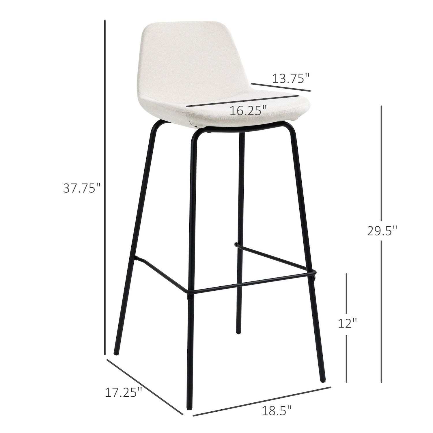 HOMCOM 29.5 Seat Height Bar Stools Set of 2， Upholstered Bar Chairs， Armless Barstools with Back， Steel Legs， Cream White