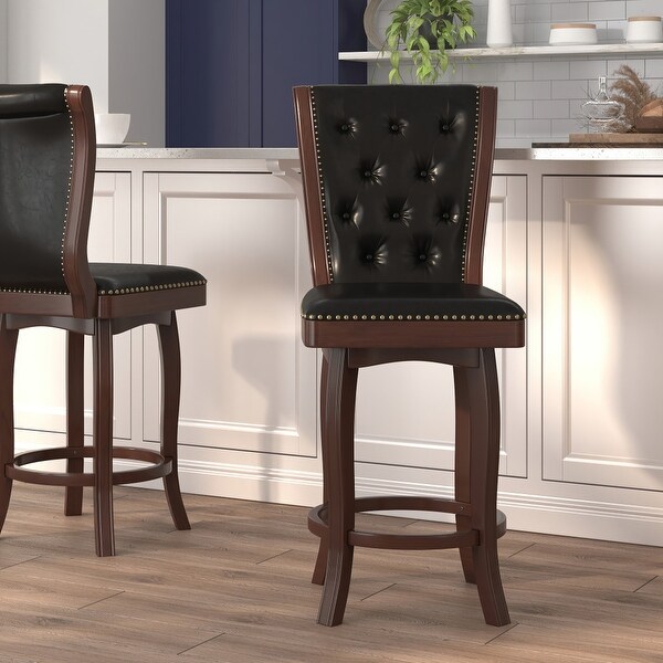 30-inch Faux Leather Swiveling Wood Barstool w/ Tufted Back - 19.75