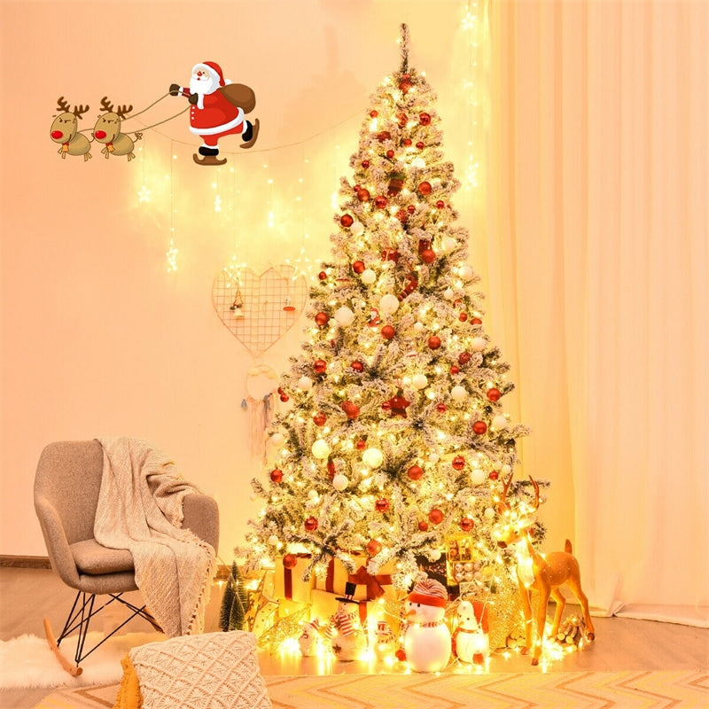 6/7.5/9FT Pre-Lit Hinged Artificial Christmas Tree, Premium PVC Snow Flocked Pine Tree with Metal Stand