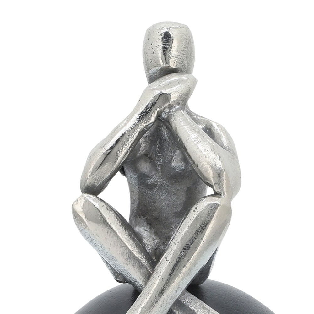 Handmade Silver Metal Thinking Man On Black Orb Sculpture