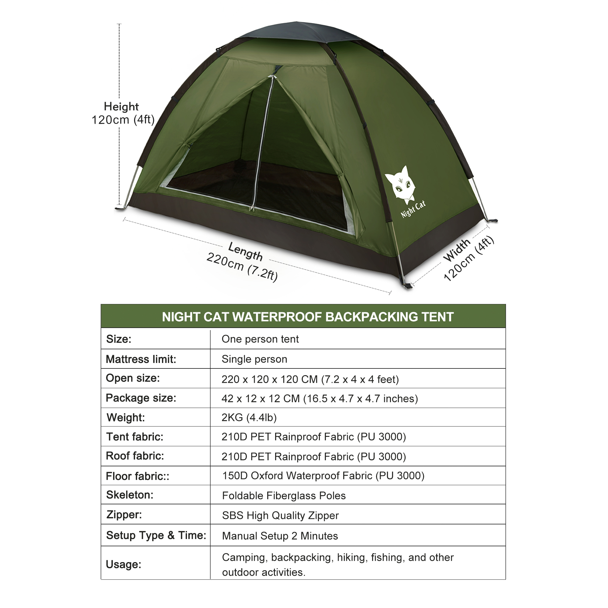 Night Cat Backpacking Tent for One 1 to 2 Persons Lightweight Waterproof Camping Hiking Tent for Adults Kids Scouts Easy Setup Single Layer 2.2x1.2m