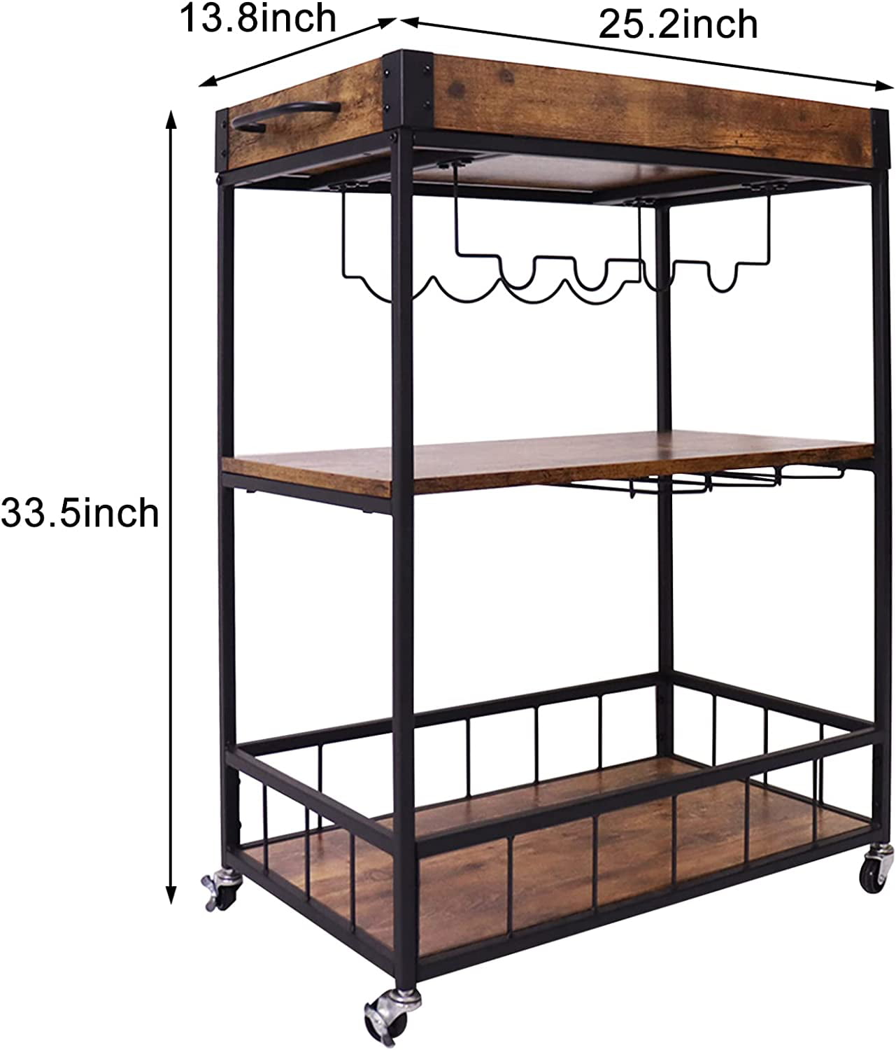 aboxoo Serving Bar Wine Cart 3 Tier Home Rolling Rack with Wheels Mobile Kitchen Industrial Vintage Style Wood Metal Serving Trolley Serving Cart，Glass Holder Bar Cabinet