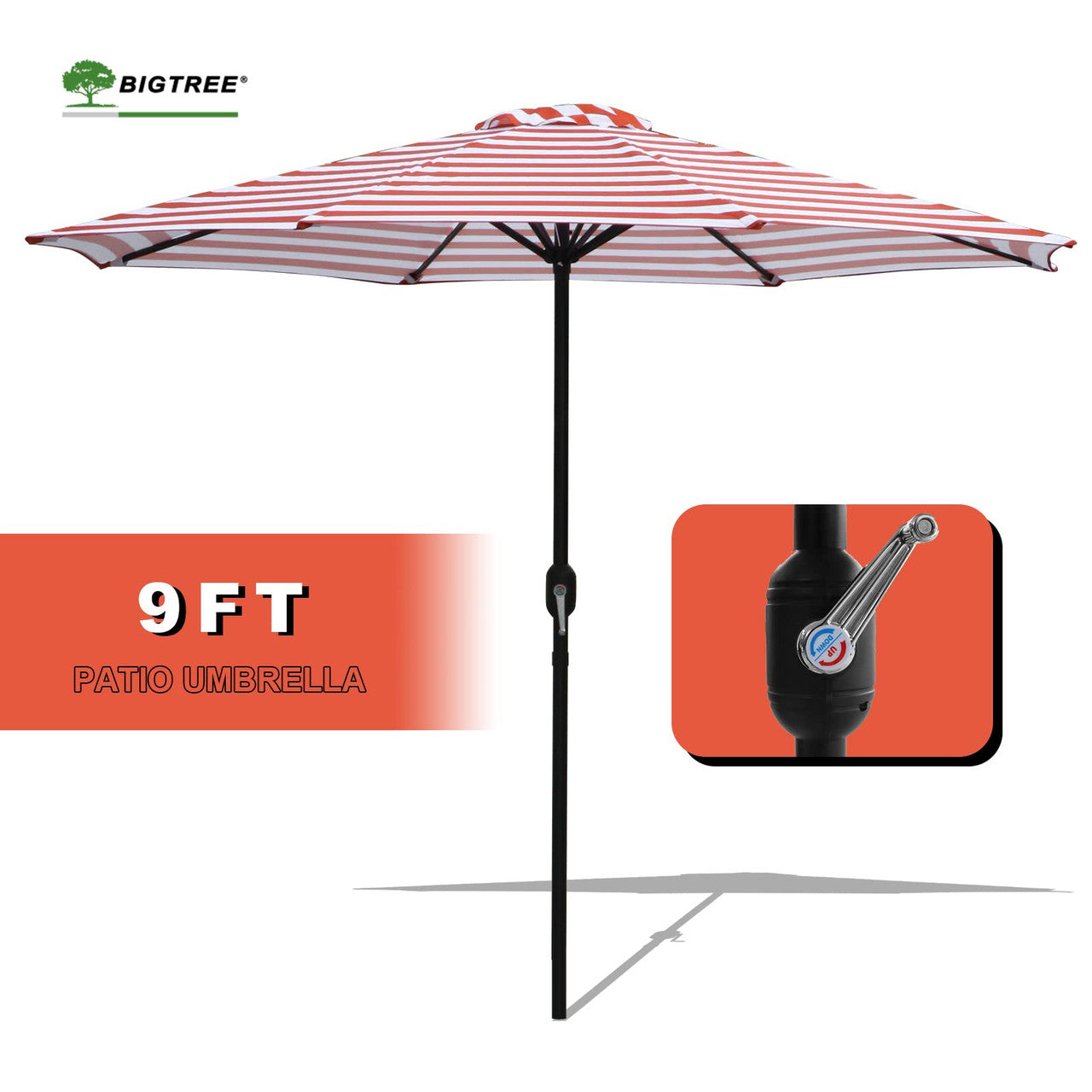 9Ft Patio Umbrella Outdoor Garden Table Patio Folding 8 Ribs Adjustable Crank Orange Stripe