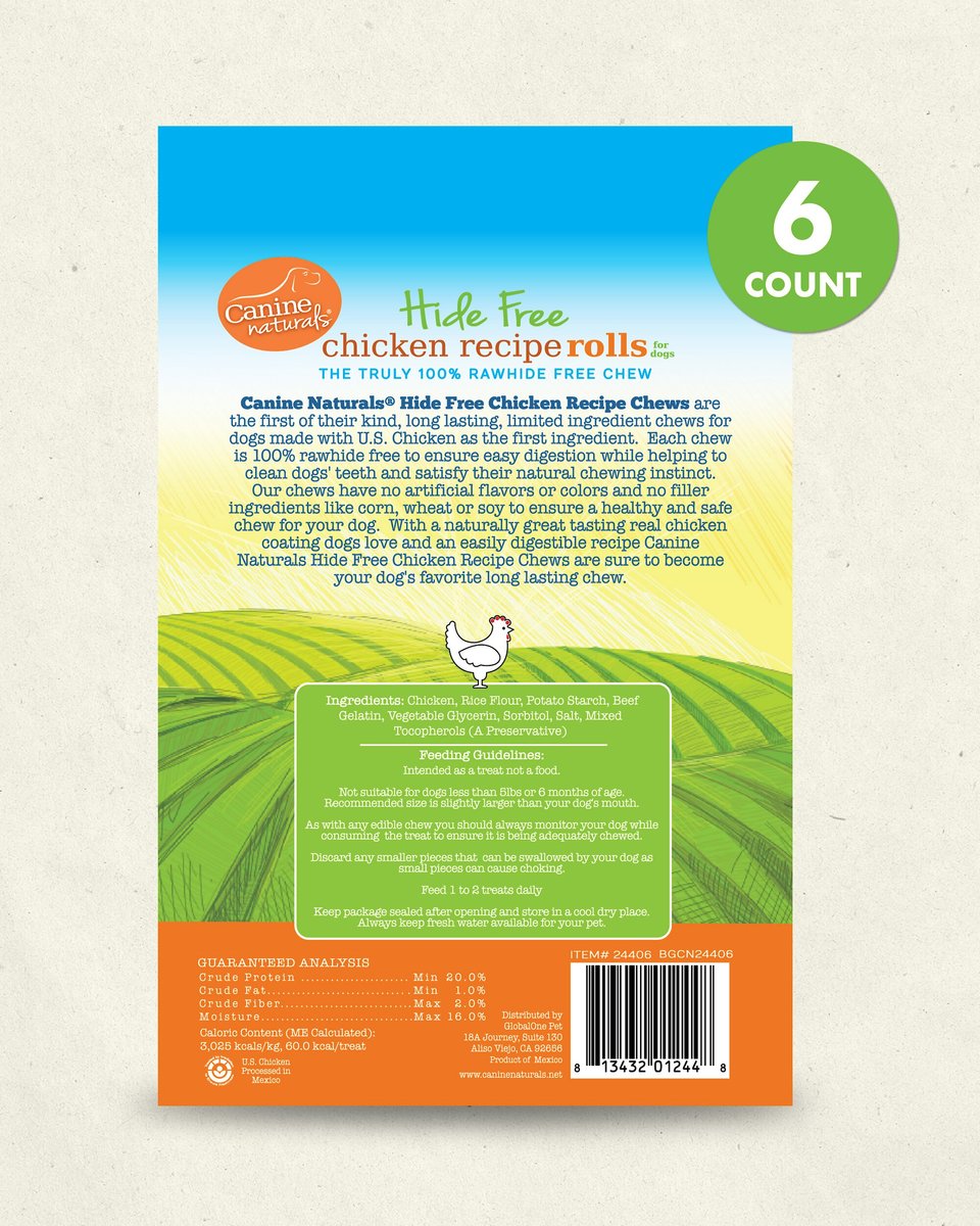 Canine Naturals Hide Free Chicken Recipe Small Rolls Dog Treat， 6 Count