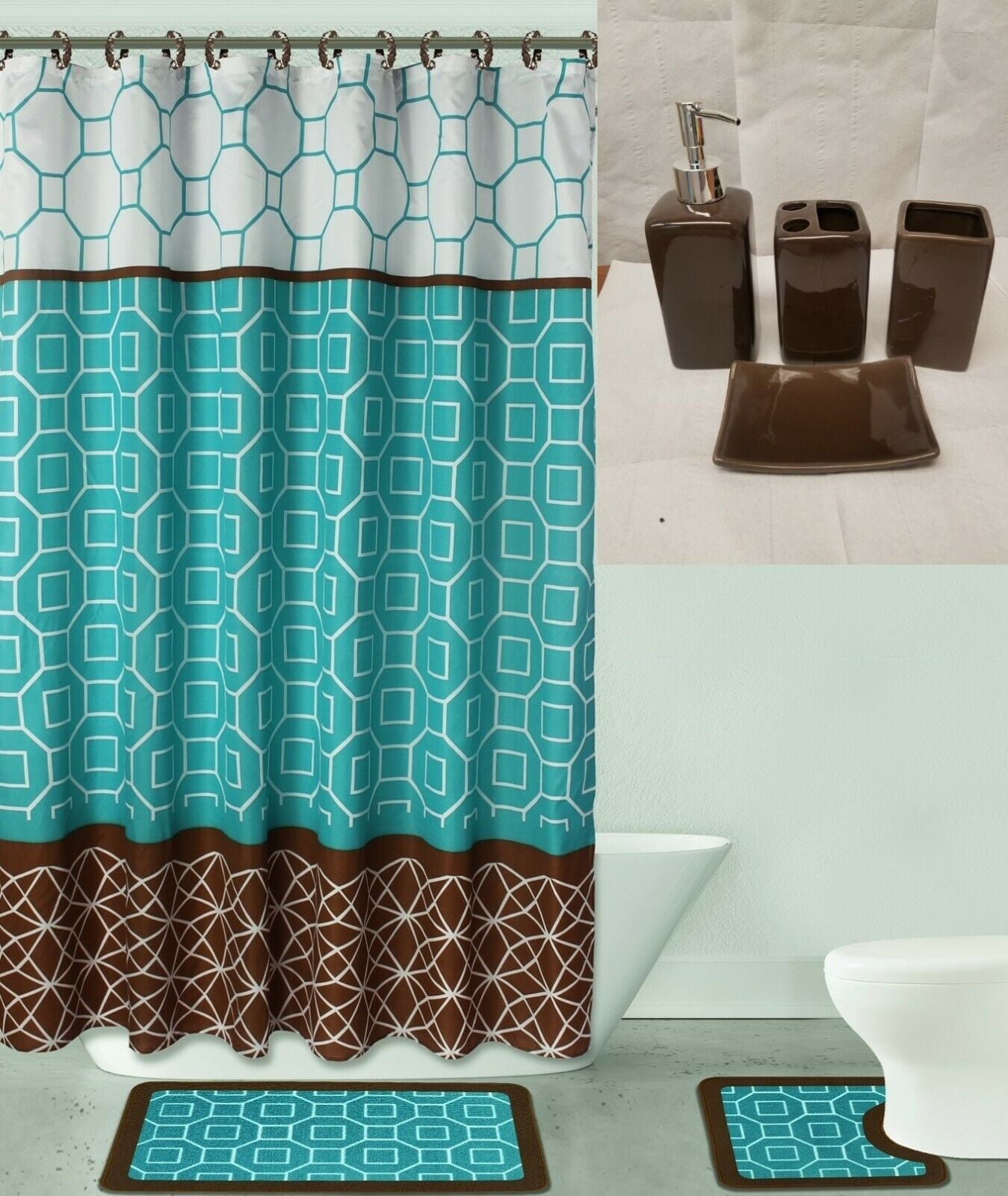 Complete 19 pc Bathroom Set Diamond Brown Teal Washable Rubber Backing Anti Slip Includes 2 Bath Rug/Mat + 1 Shower Curtain + 12 pc Rings Covered + 4 Accesories Ceramic