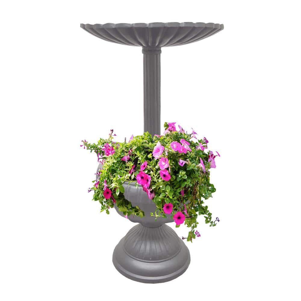 Oakland Living Ornate Round Cast Aluminum Metal 35 in.， Grey Birdbath and Planter Vase Combo LACY-BB-PT-GREY