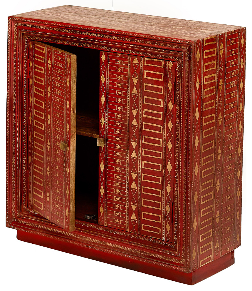 32 quotDistressed Red and Gold Hand Painted Pattern 2 Door Accent Cabinet Arata   Mediterranean   Accent Chests And Cabinets   by Sideboards and Things  Houzz