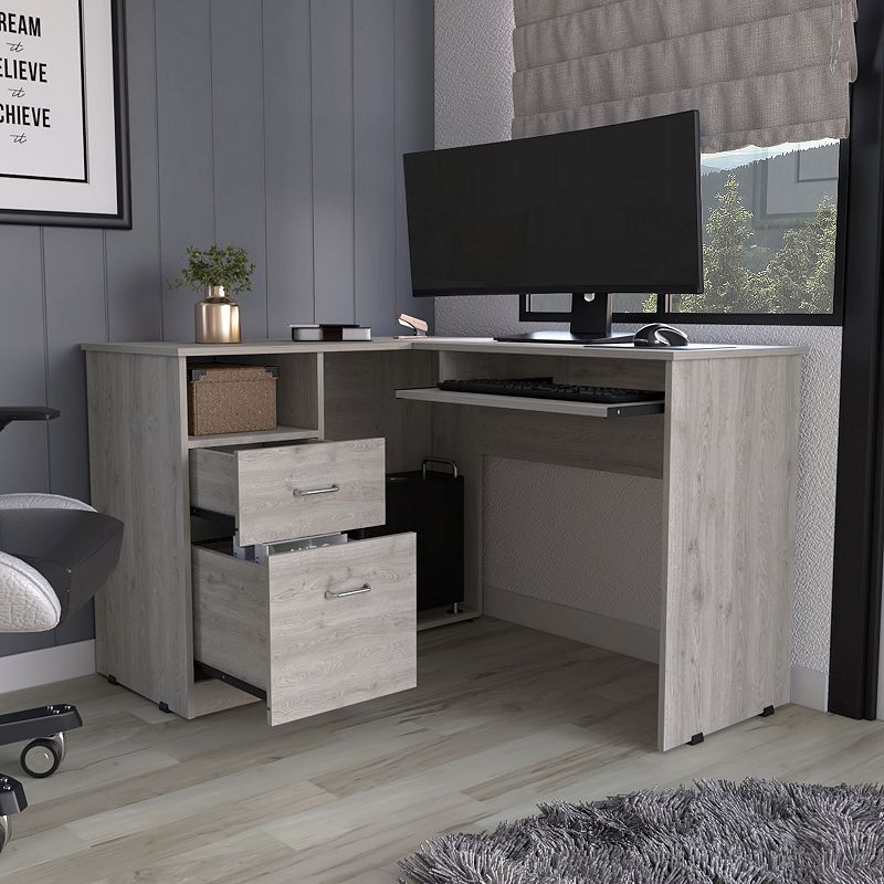 Raleigh L-Shaped Desk， Two Drawers， One Shelf， CPU Storage