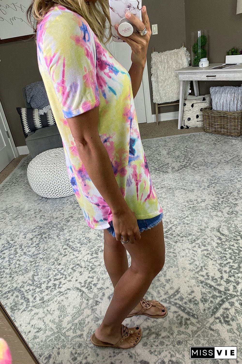 Summer Tie Dye Printed V-neck Short Sleeve T-shirt