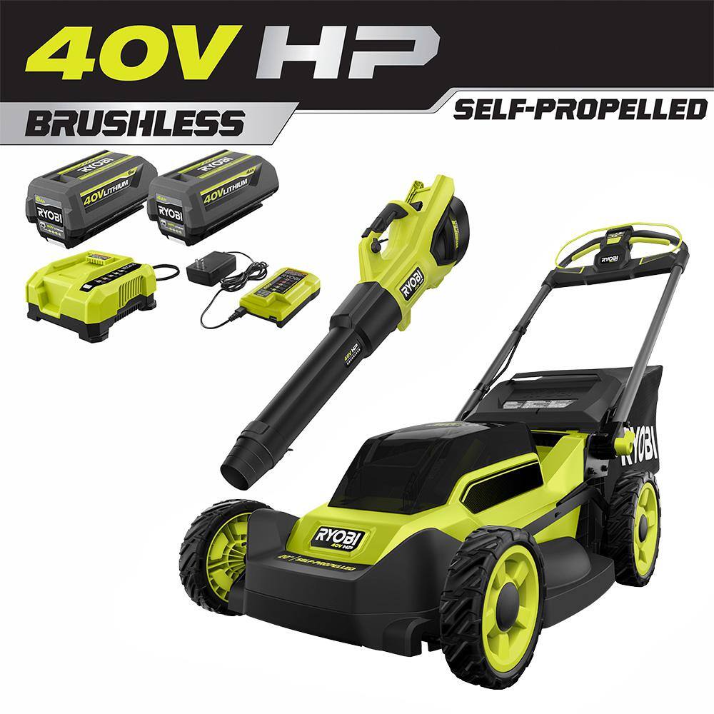 RYOBI 40V HP Brushless 20 in. Cordless Electric Battery Walk Behind Self-Propelled Mower wBlower (2) BatteriesChargers RY401180-2X