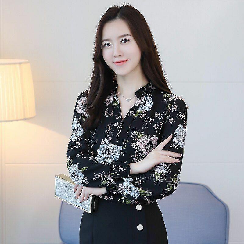 Blouse Shirt For Women Long Sleeve Printed V-neck Chiffon Floral Spring Workwear