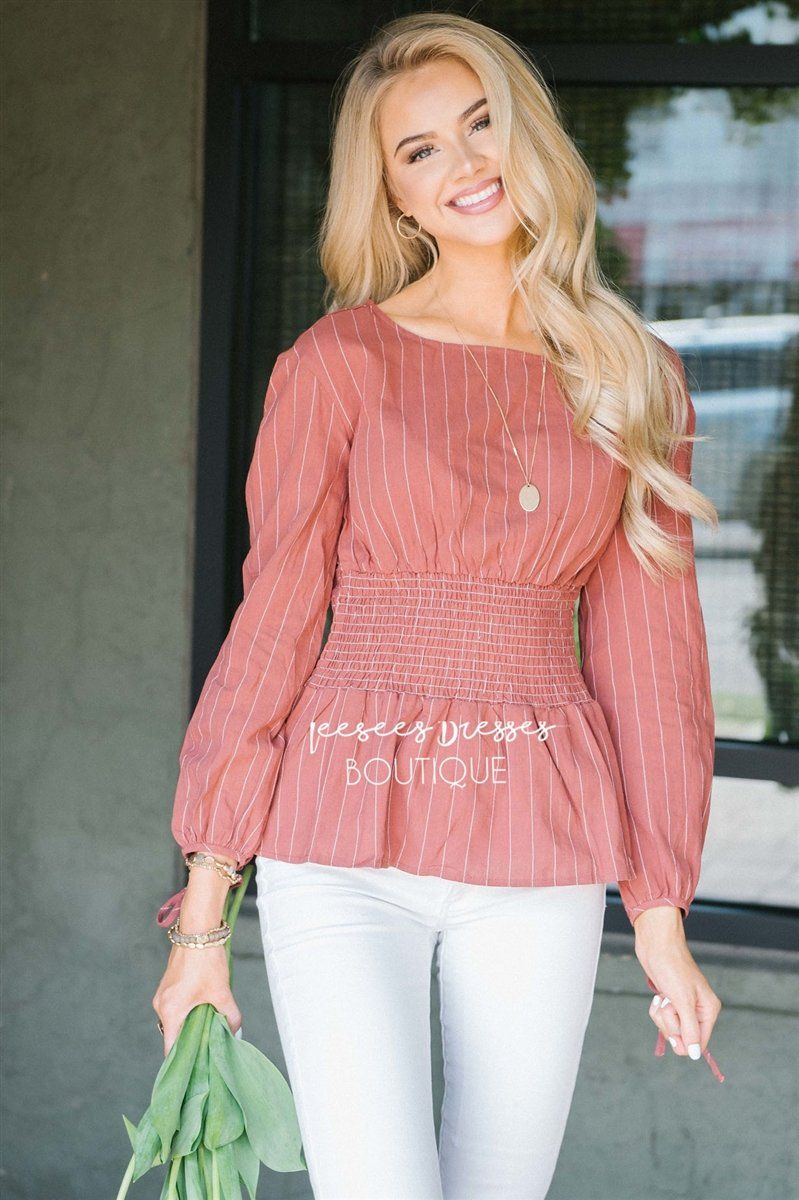 Pinstripe Cinched Waist Tie Sleeve Top