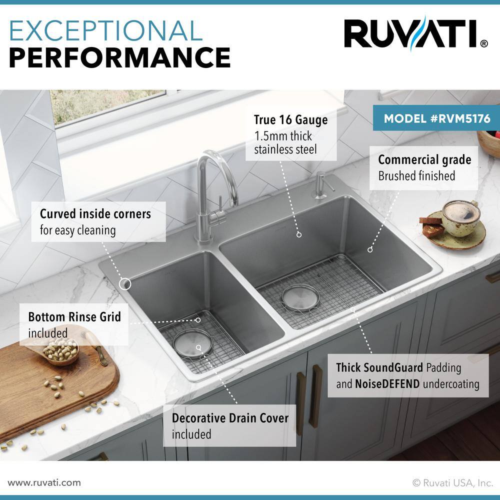 Ruvati 33 in. Double Bowl Drop-in 16-Gauge Stainless Steel Kitchen Sink 3070 RVM5176