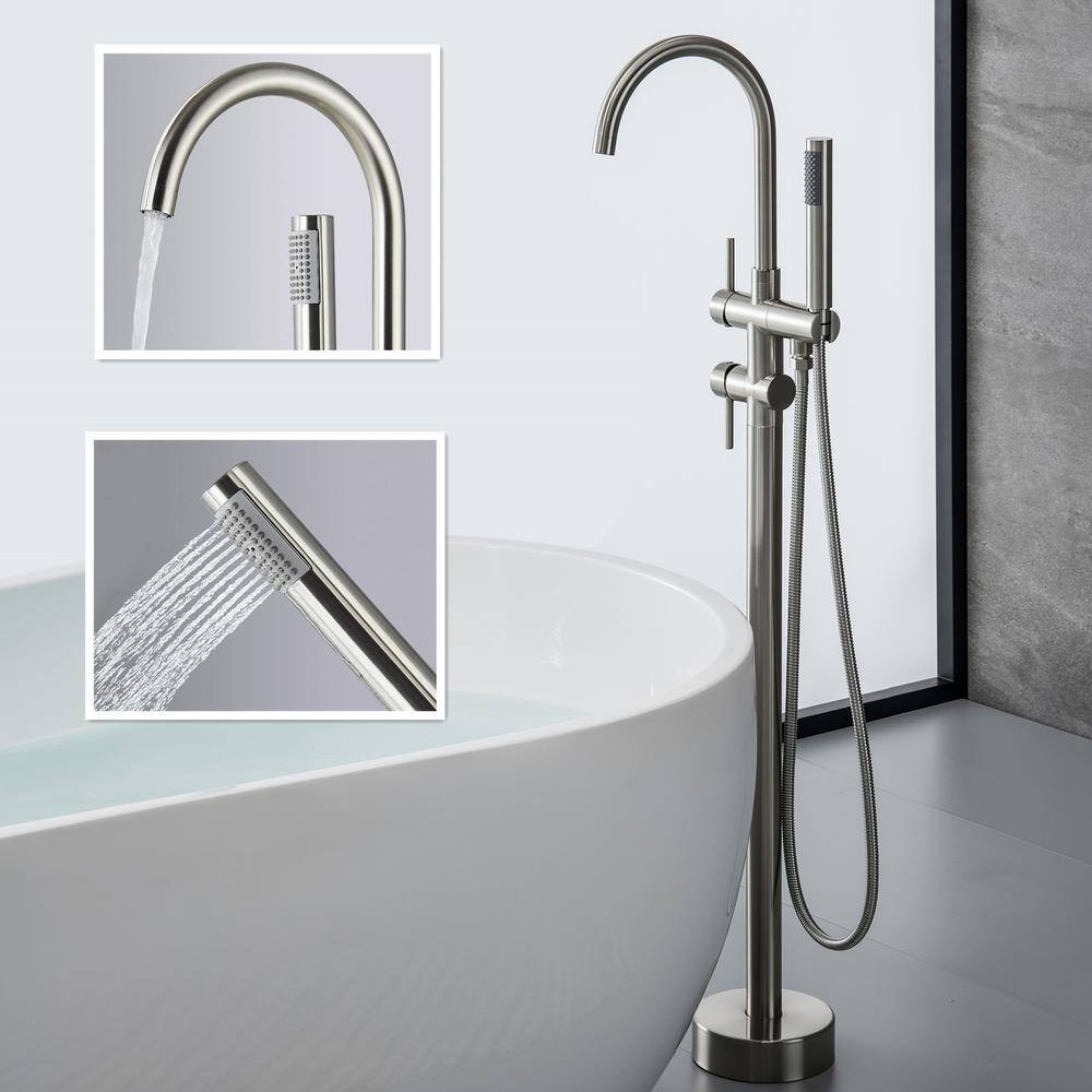 ATKING Round 2-Handle Floor-Mount Roman Tub Faucet with Hand Shower in Stainless Steel in Brushed Nickel HBF-602