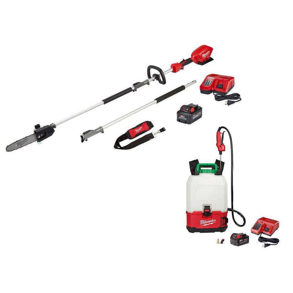 MW M18 FUEL 10 in. 18V Lithium-Ion Brushless Electric Cordless Pole Saw  4 Gal. Switch Tank Backpack Pesticide Sprayer Kit 2825-21PS-2820-21PS