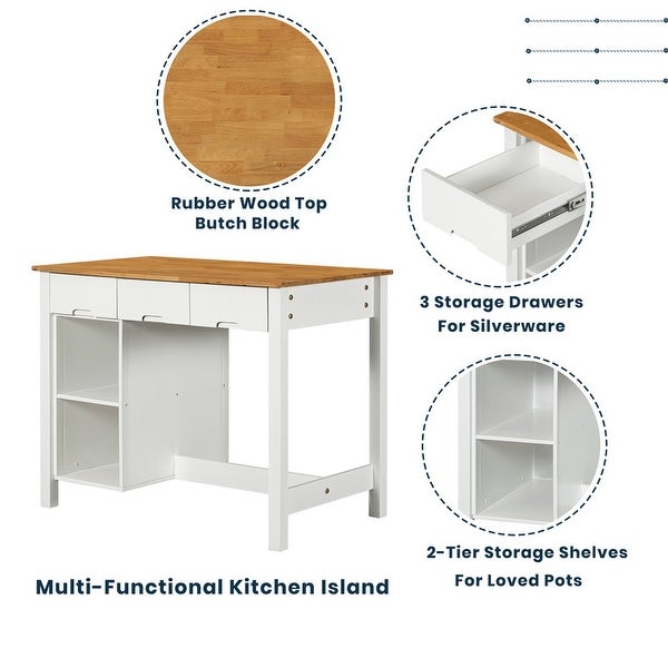 Farmhouse Kitchen Island set， including 2 stools and dining table with lockers， drawers and fallen leaves