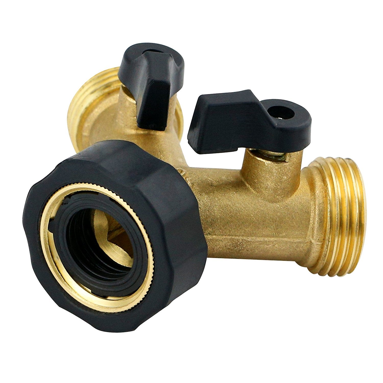 IPOW Solid Brass Garden Hose Splitter 2 Way Hose Connector Water Hose Adapter with Comfortable Rubberized Grip Grip，Easy to Open Valves Garden Hose Splitter for Easy Life