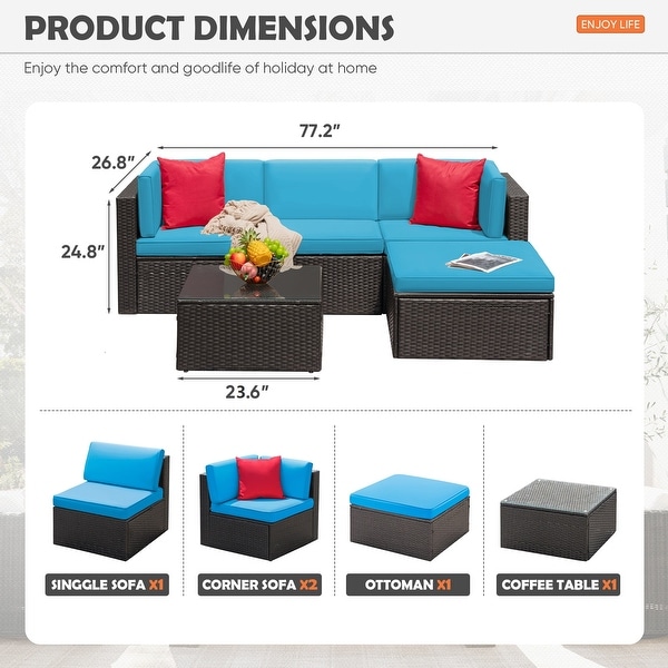 Furniwell 5 Pieces Patio Sectional Sofa Sets Rattan Conversation Sets