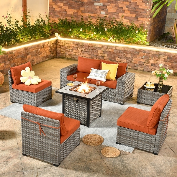 OVIOS Patio Wicker Furniture Wide Arm 7piece Fire Pit Set with Table