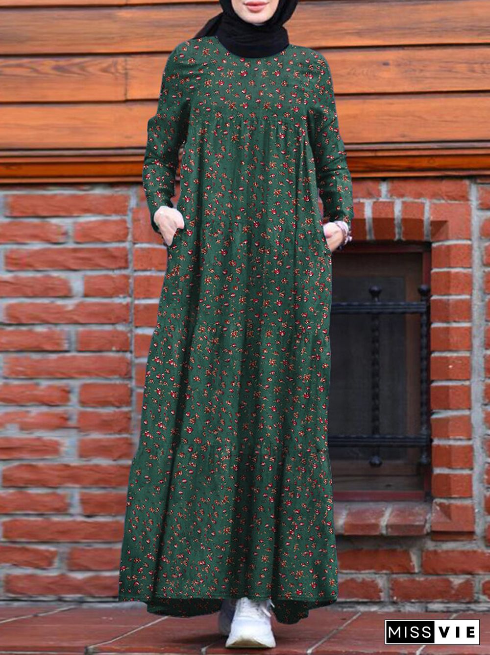 Floral Print Pocket Long Sleeve Casual Maxi Dress For Women