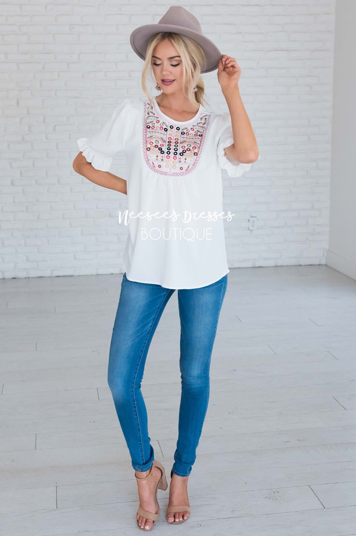 Let's Be Happy Embroidered Top