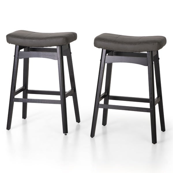 24 Inch Solid Wood Barstools with Linen / PU Leather Fabric Cushion， Set of 2