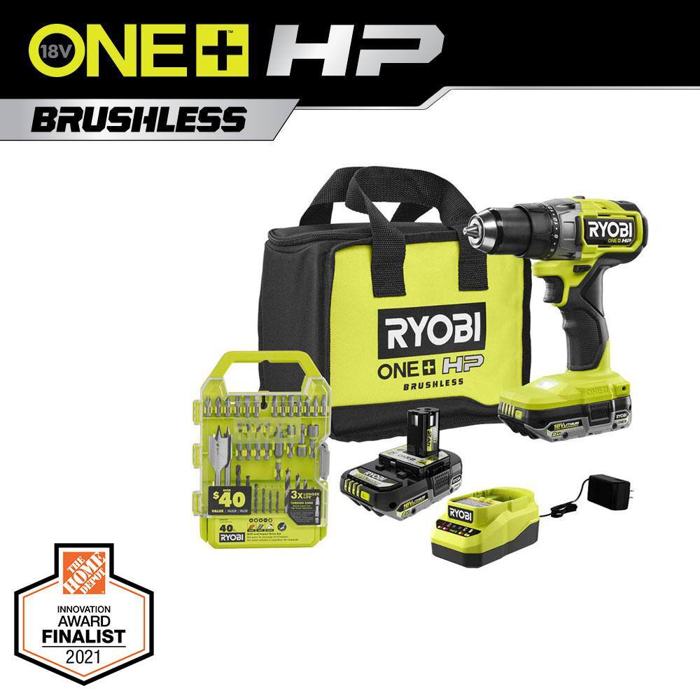 RYOBI ONE+ HP 18V Brushless Cordless 12 in. DrillDriver Kit w(2) Batteries Charger Bag  DrillDrive Kit (40-Piece) PBLDD01K-A98401