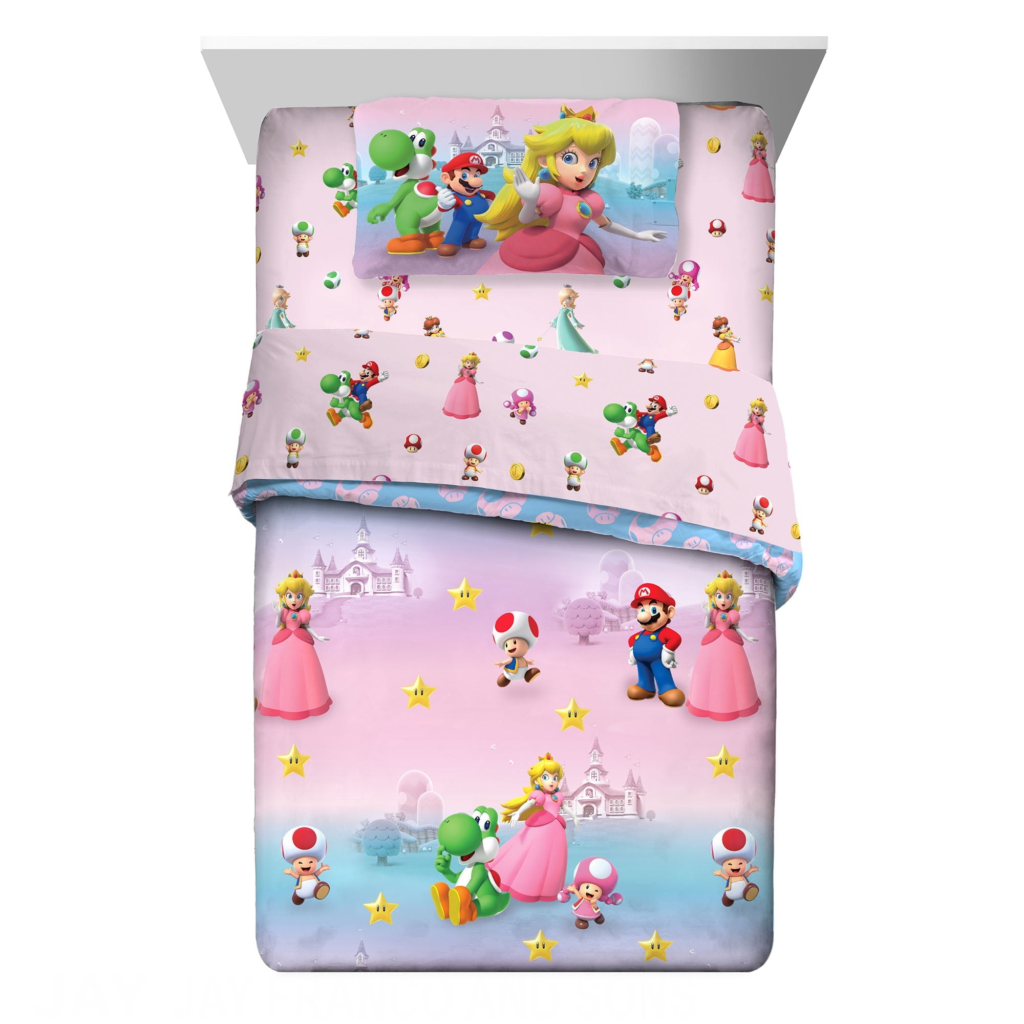 Super Mario Girl Kids Twin Bed in a Bag, Gaming Bedding, Comforter and Sheets, Pink, 