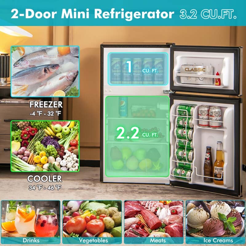 3.2 Cu. Ft 2-Door Compact Refrigerator Mini Fridge Freezer Cooler for Dorm Office Apartment