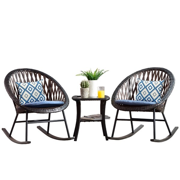 OVIOS 3piece Patio Rocking Chair Bistro Set with Glass Coffee Table