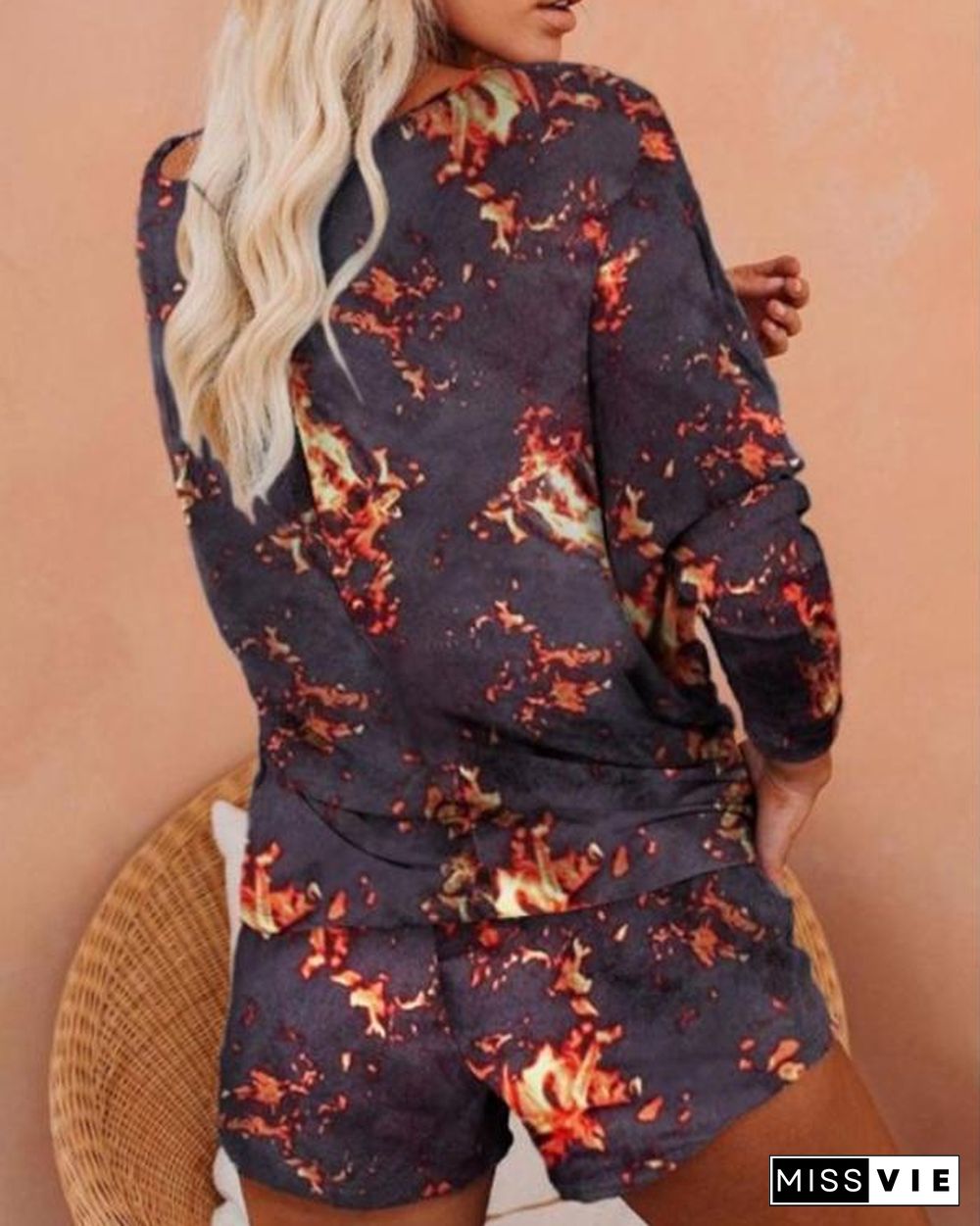 Flame Print Long Sleeve Top & Shorts Set