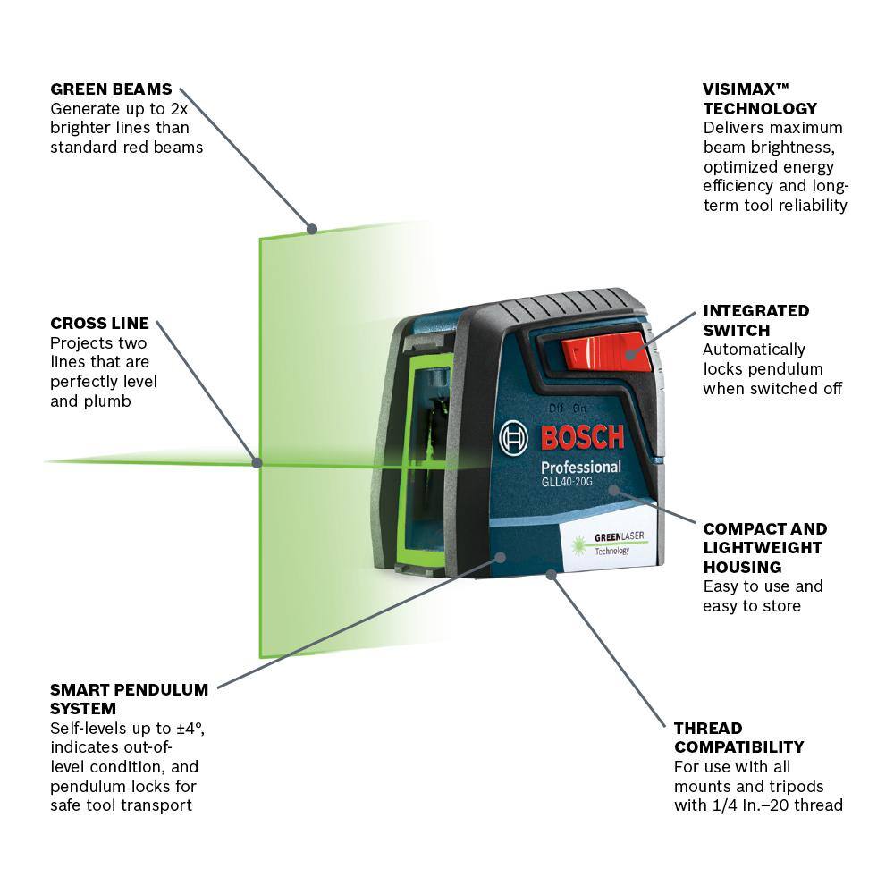 Bosch 40 ft. Green Cross Line Laser Level Self Leveling with VisiMax Technology 360 Degree Mounting Device and Carrying Pouch GLL 40-20 G