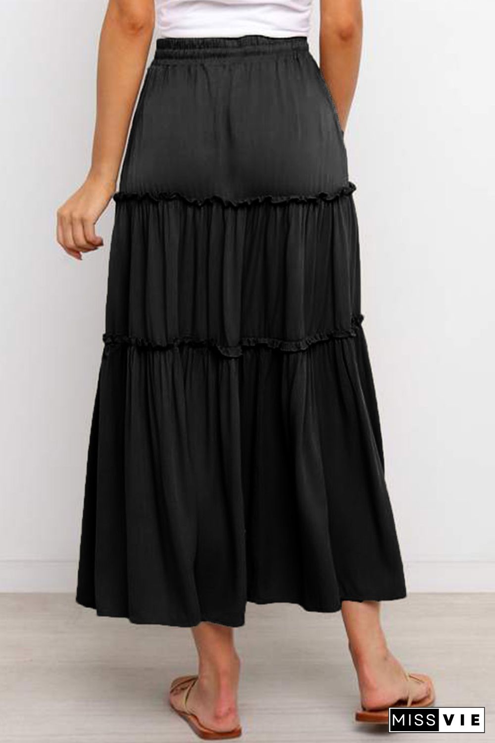 Black Solid Layered Ruffled Drawstring High Waist Maxi Skirt