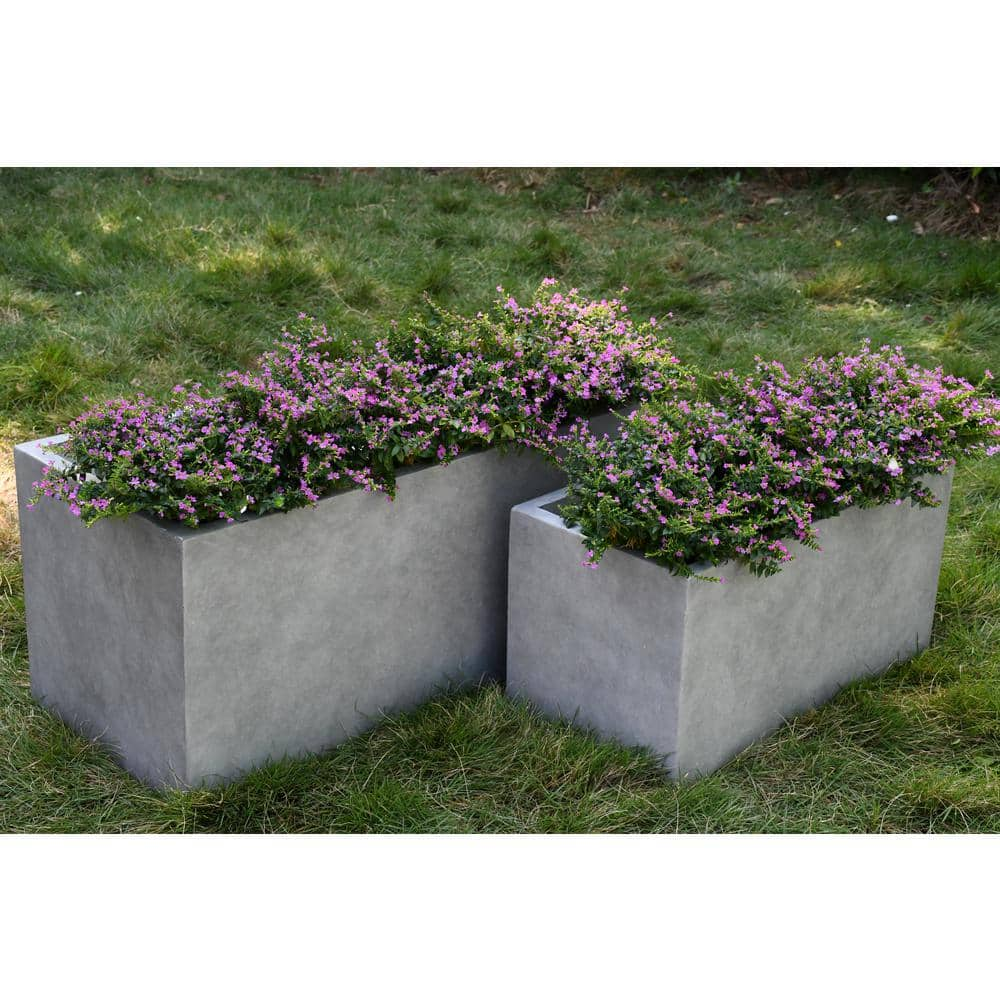 KANTE Set of 2 Lightweight Modern Rectangle Outdoor Planters， 31 in. and 23 in. Long， Natural Concrete RF0104AB-C80021