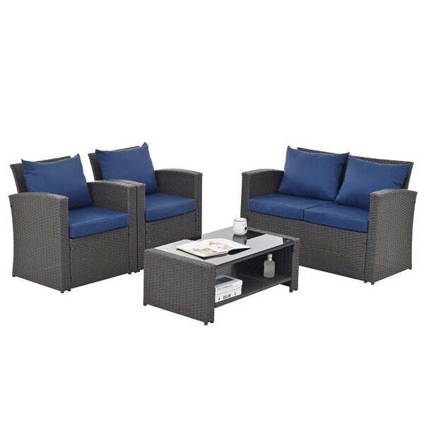 4Piece PE Wicker Patio Conversation Set with Cushions