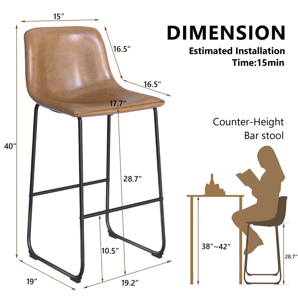 Counter Height Bar Stools Set of 2 PU Leather Barstools with Metal Leg