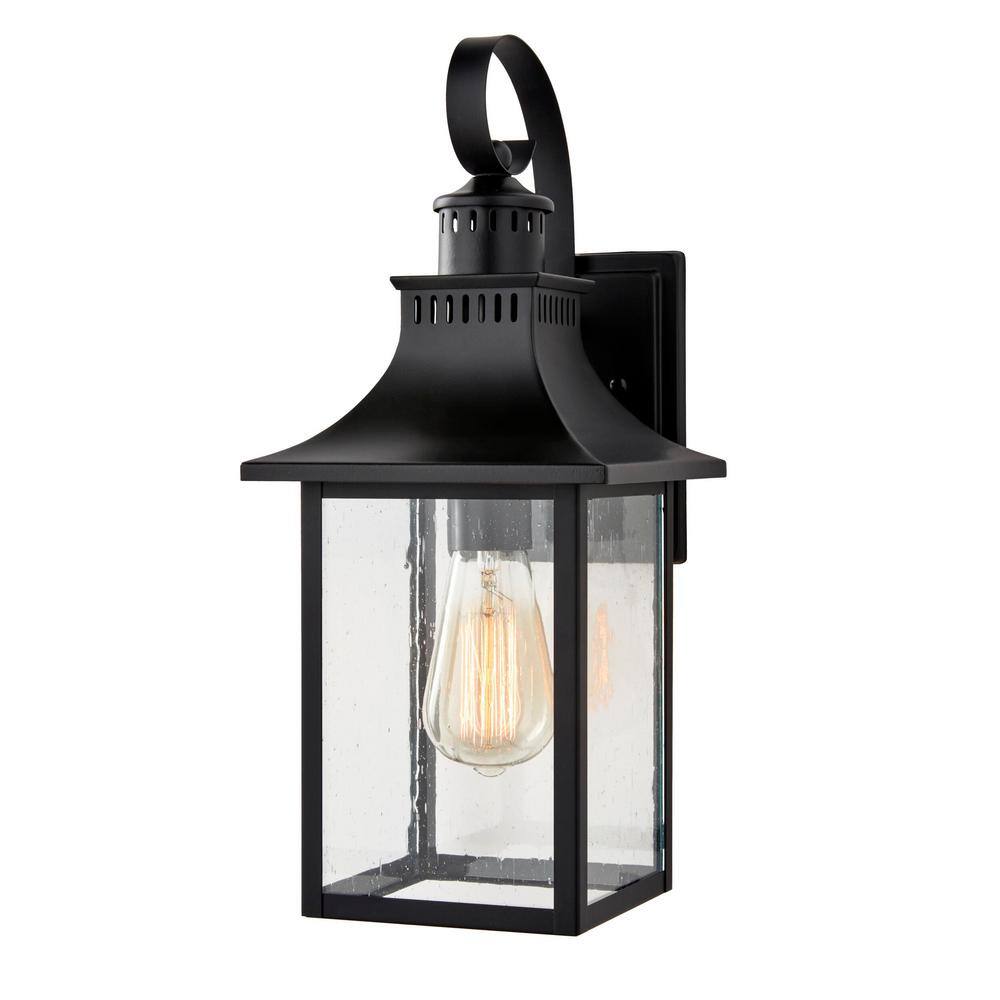 Hampton Bay Edgehill 1-Light Matte Black Hardwired Outdoor Wall Lantern Sconce with Clear Seeded Glass DSHD1604D