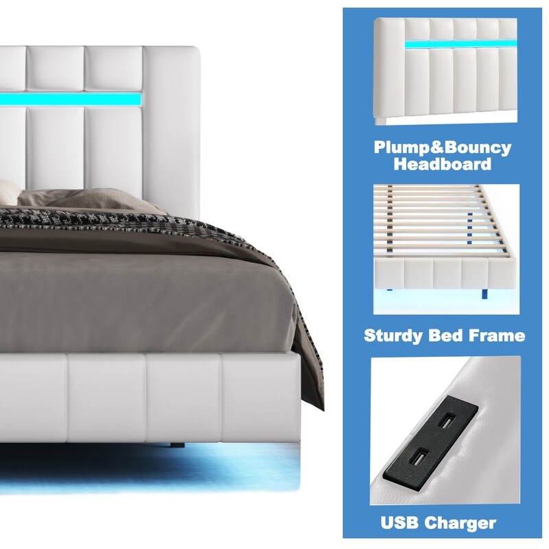 PU Upholstered Platform Bed with LED Lights and USB Charging Queen Size