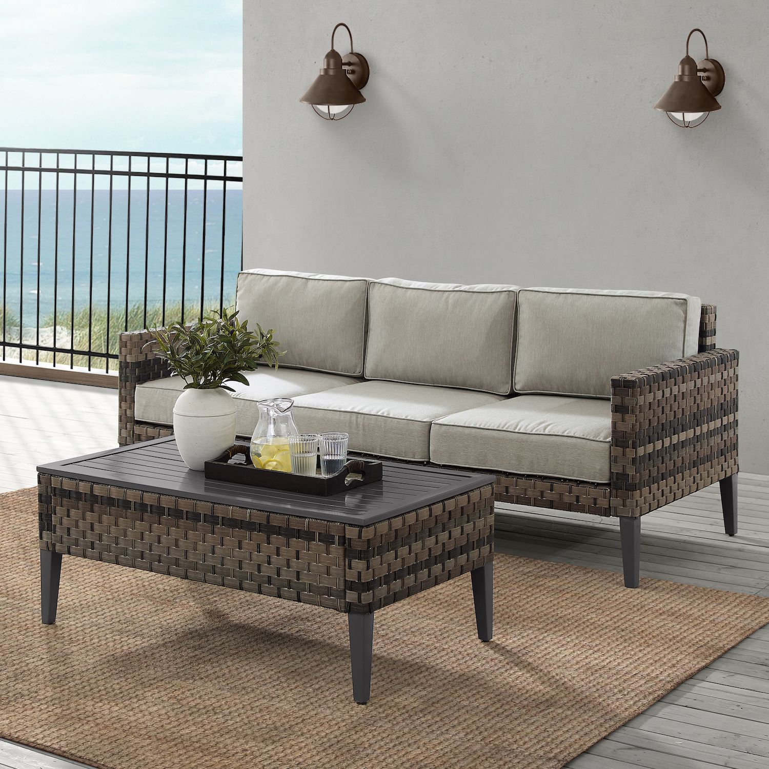 Crosley Prescott Wicker Patio Couch and Coffee Table 2-piece Set