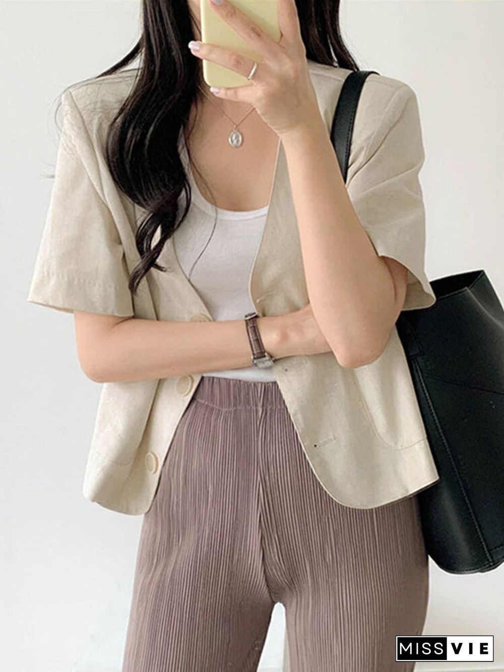 Solid Button Front Pocket Short Sleeve Lapel Blazer