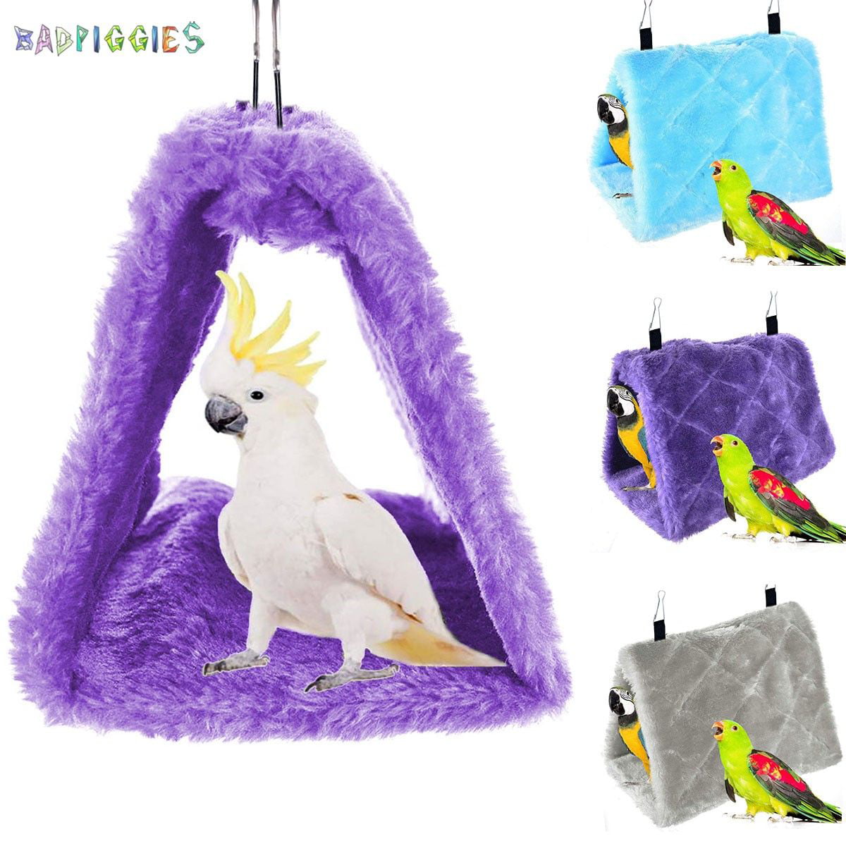 BadPiggies Winter Warm Bird Nest House Shed Hut Plush Fluffy Hanging Hammock Finch Cage Birds Hut Hideaway for Hamster Parrot Macaw Eclectus Parakeet Cockatoo (L， Purple)