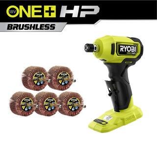 RYOBI ONE+ HP 18V Brushless Cordless Compact 14 in. Right Angle Die Grinder (Tool Only) with 80 Grit Flap Wheel Set (5-Piece) PSBDG01B-A91FW580