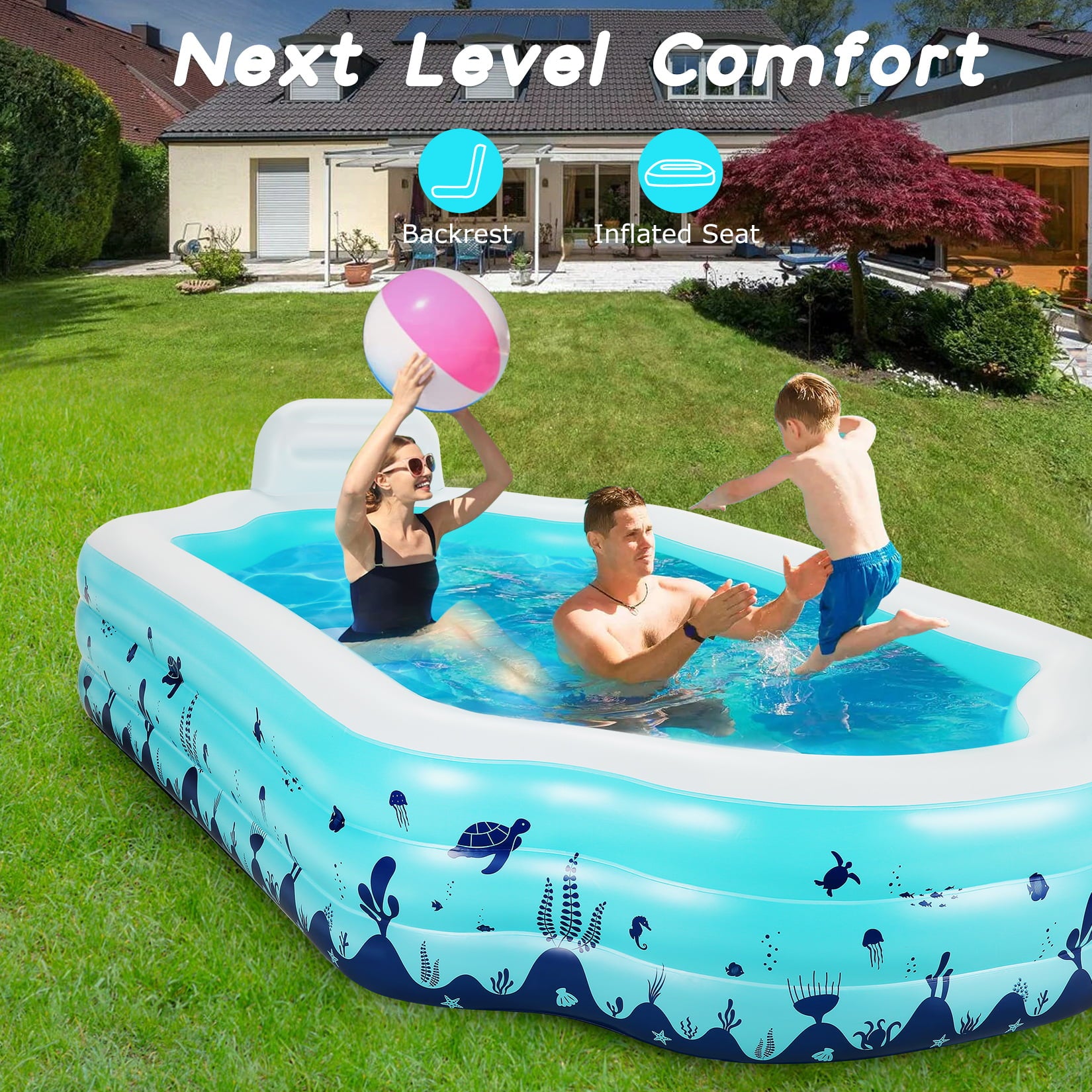 Funcid Inflatable Pool， Inflatable Swimming Pool for Kids and Adults， 120 X 72 X 20 Oversized Thickened Family Swimming Pool with Seat and Backrest for Backyard， Garden， Outdoor Fun