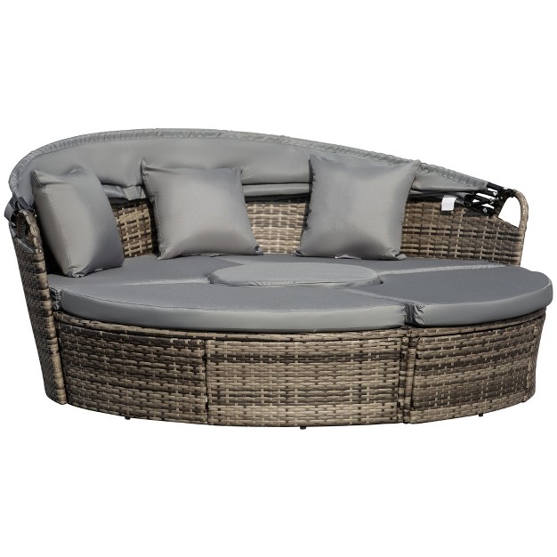 Outsunny Round Daybed 4 Pieces Cushioned Outdoor Rattan Wicker Sunbed Or Conversational Sofa Set With Sun Canopy Gray